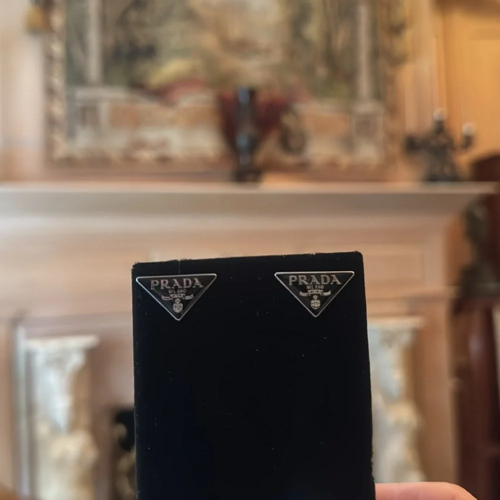 Prada Black and Silver Triangle Logo Stud Earrings signed in back - Picture 4 of 4